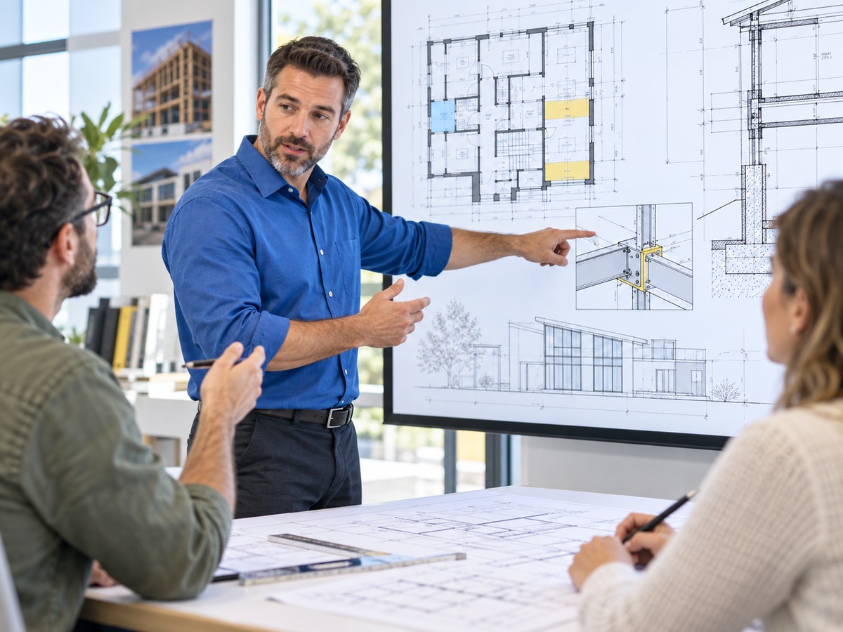 Conceptual image of an instructor teaching construction plan reading to adult learners
